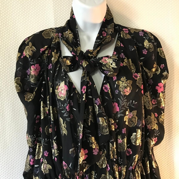 ZARA XL Black Gold Pink Floral Metallic Tie Neck Blouse Puff Sleeve Evening Top - Picture 7 of 8